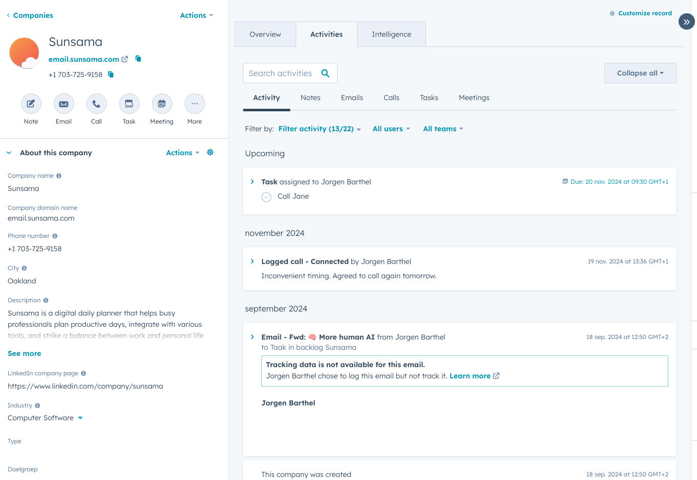 Weergave klantgegevens HubSpot CRM Alle gegevens over (potentiële) klant in een handig overzicht in HubSpot CRM